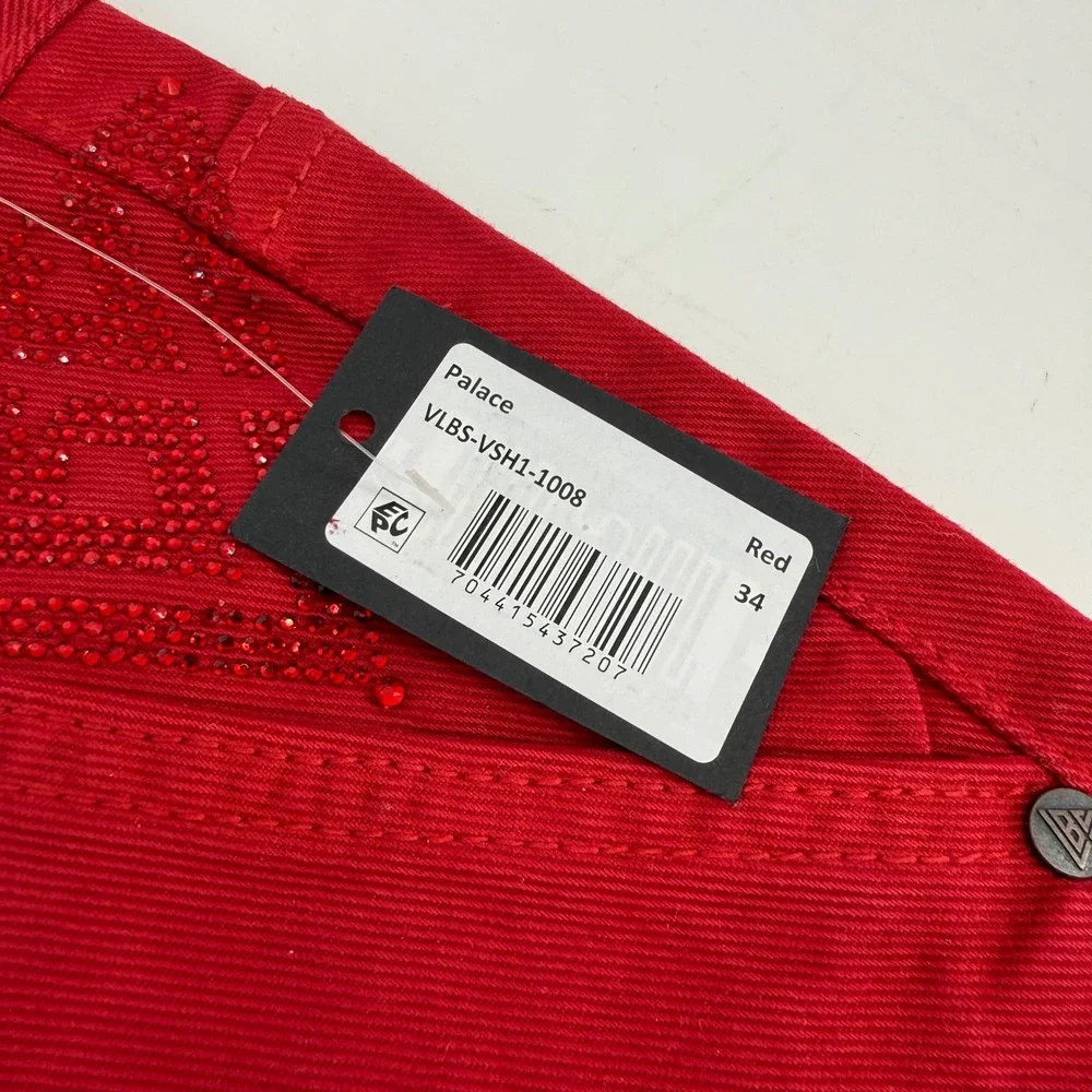 NWT Valabasas Palace Red Rhinestone Logo Denim Shorts Mens 34 Streetwear